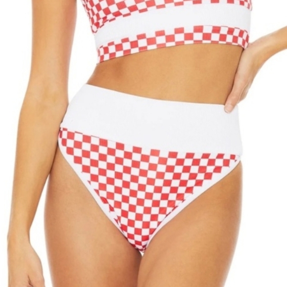 Beach Riot Emmy Cutout High Waisted Red Checkered Bikini Swim Bottom NEW - Picture 1 of 5